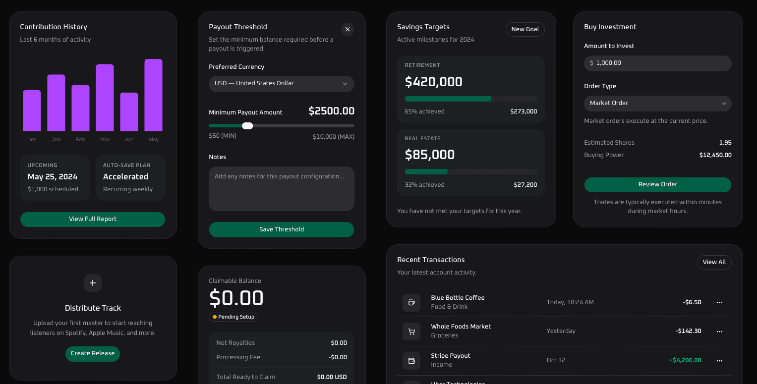 Ten sam dashboard shadcn/ui z przestronnymi kartami i szmaragdowym akcentem