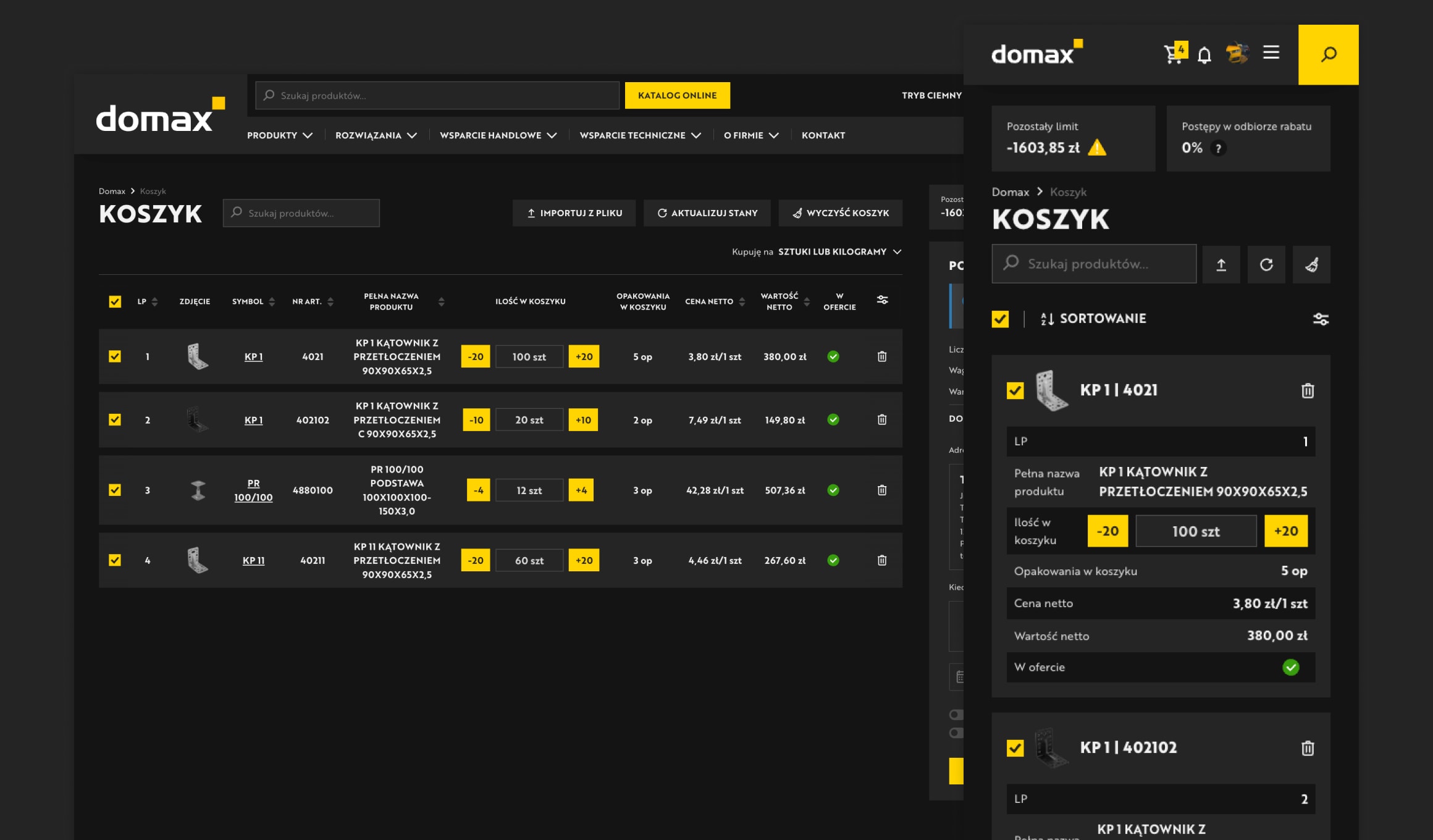 Domax - cart with stock warnings, credit limit and ERP discount