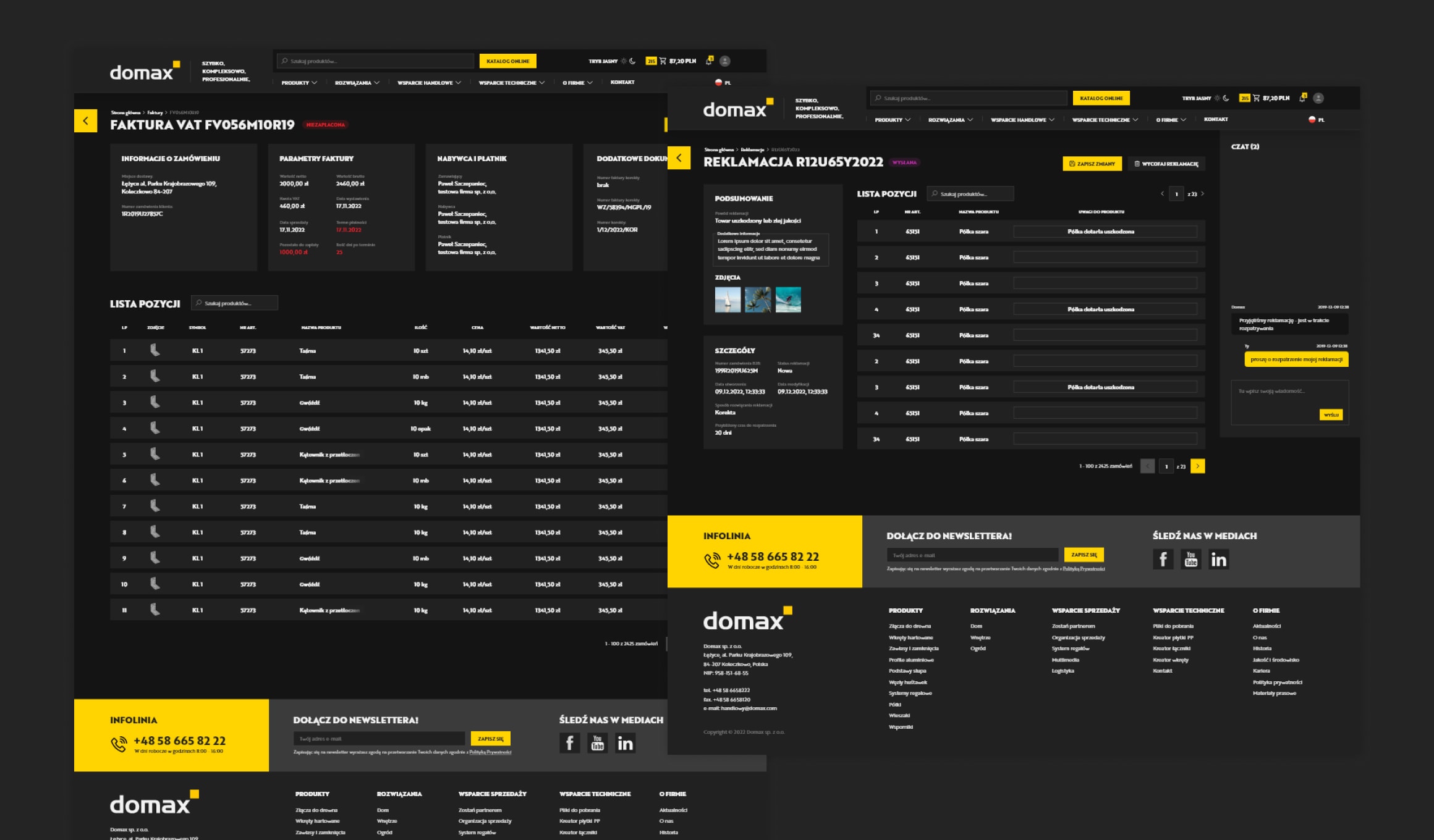 Domax - order history, invoice or complaint view with chat