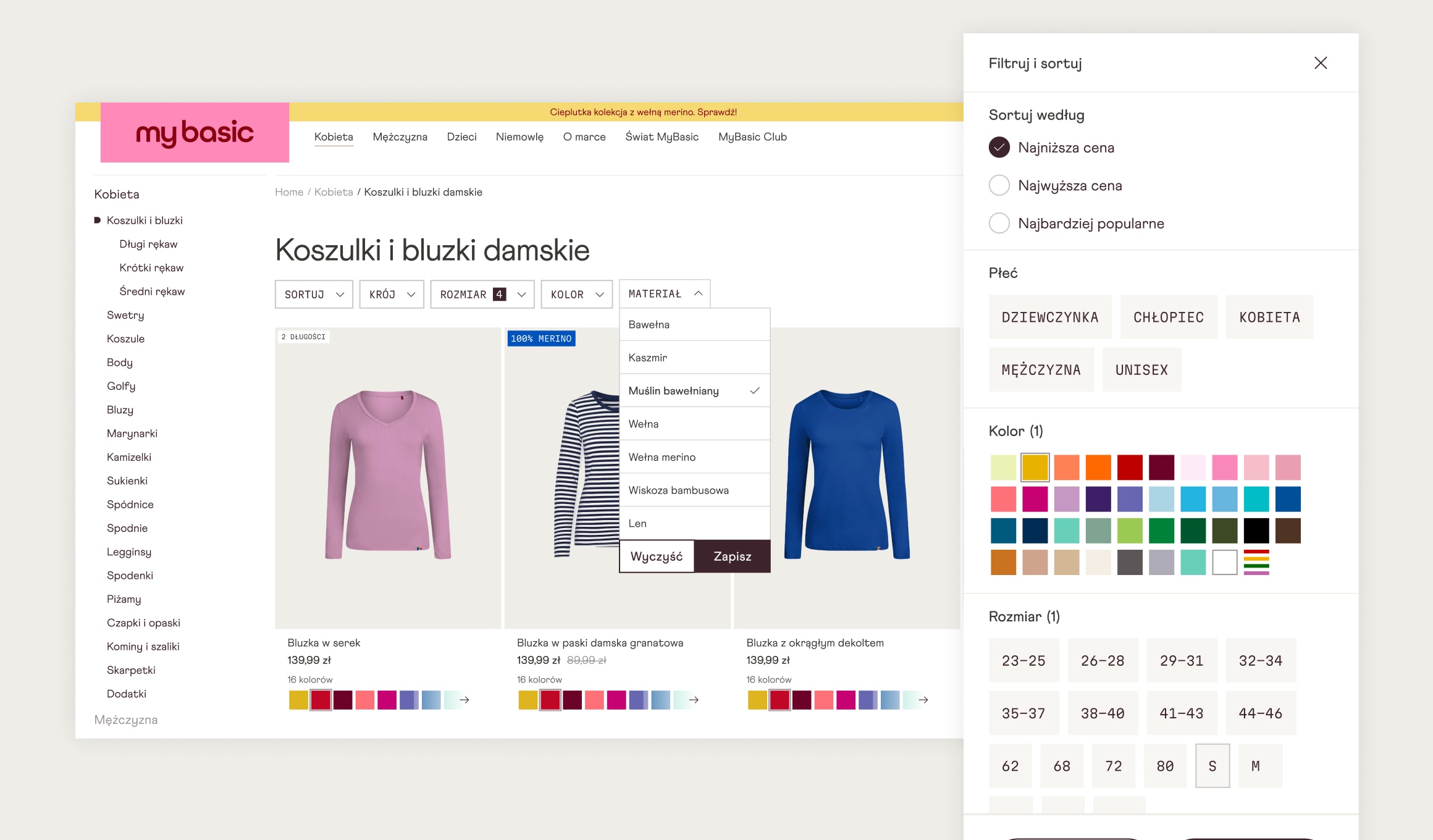 MyBasic rebranded storefront - product listing with filters