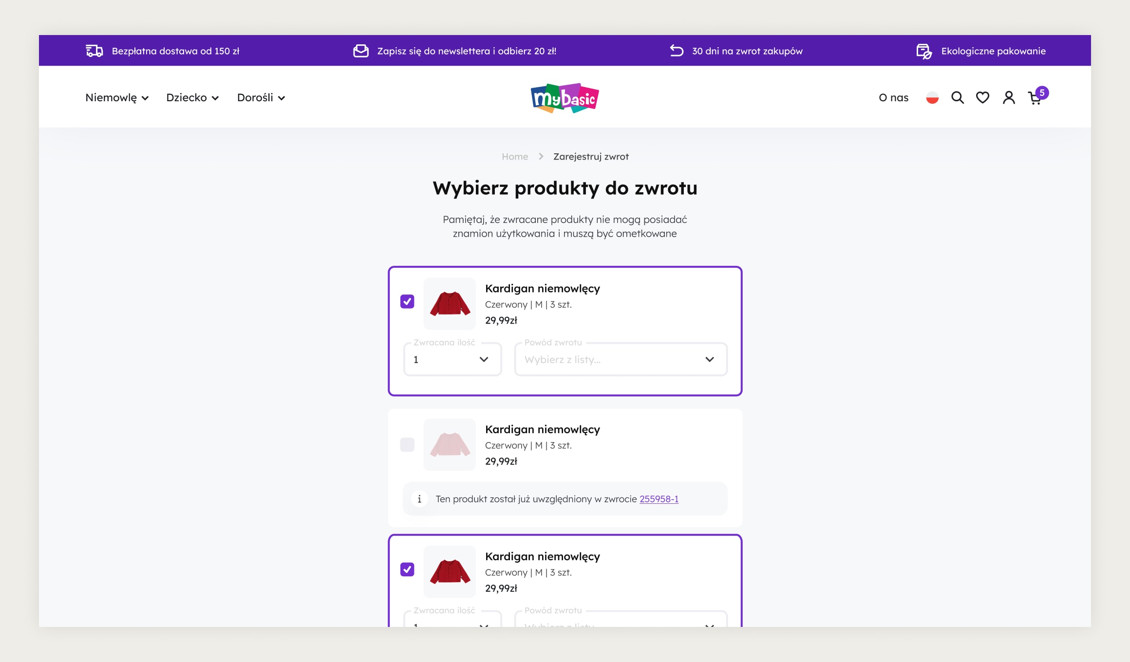 MyBasic storefront after phase 1 - paperless returns flow