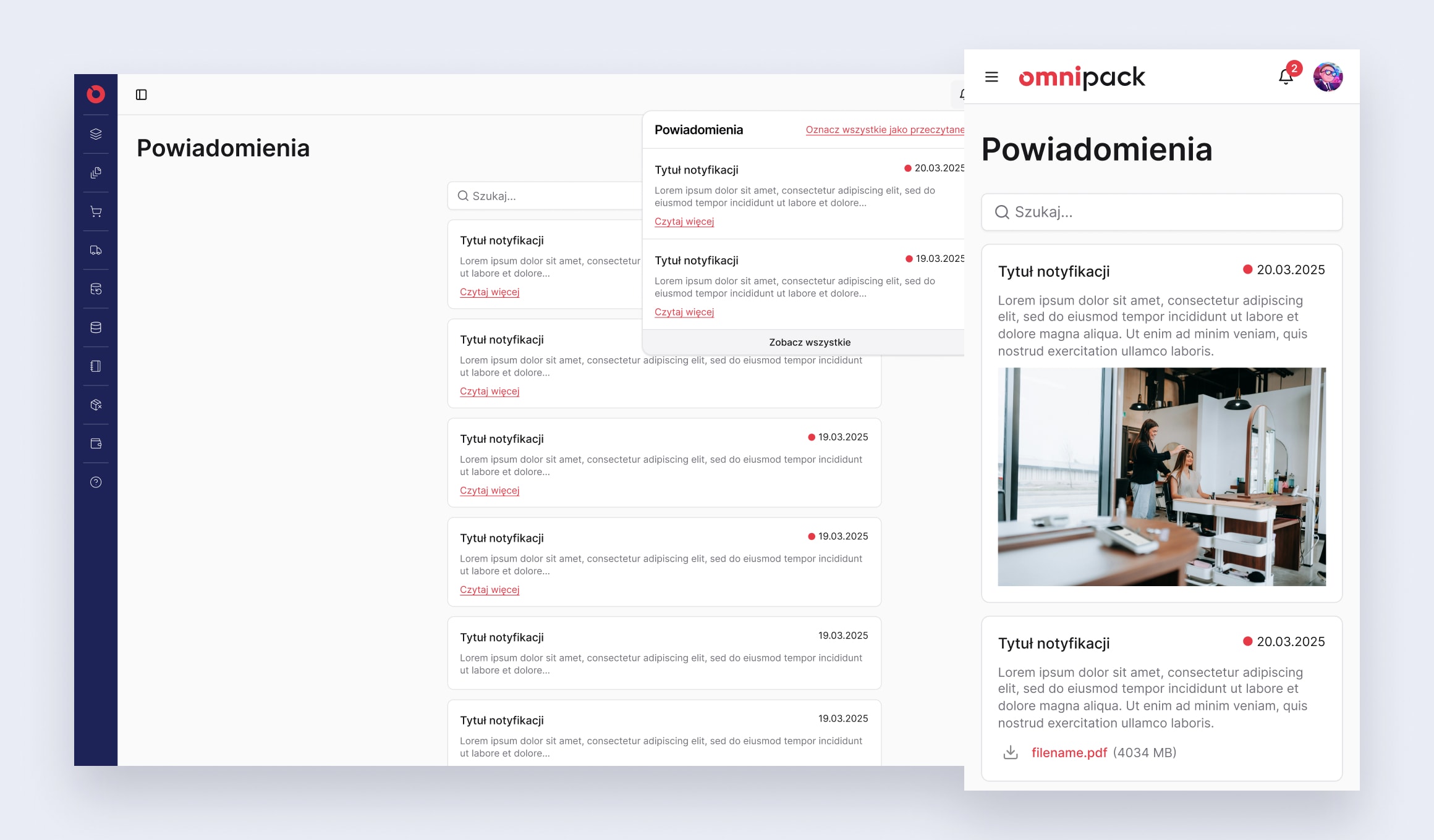 Omnipack Merchant Portal - notifications on desktop and mobile