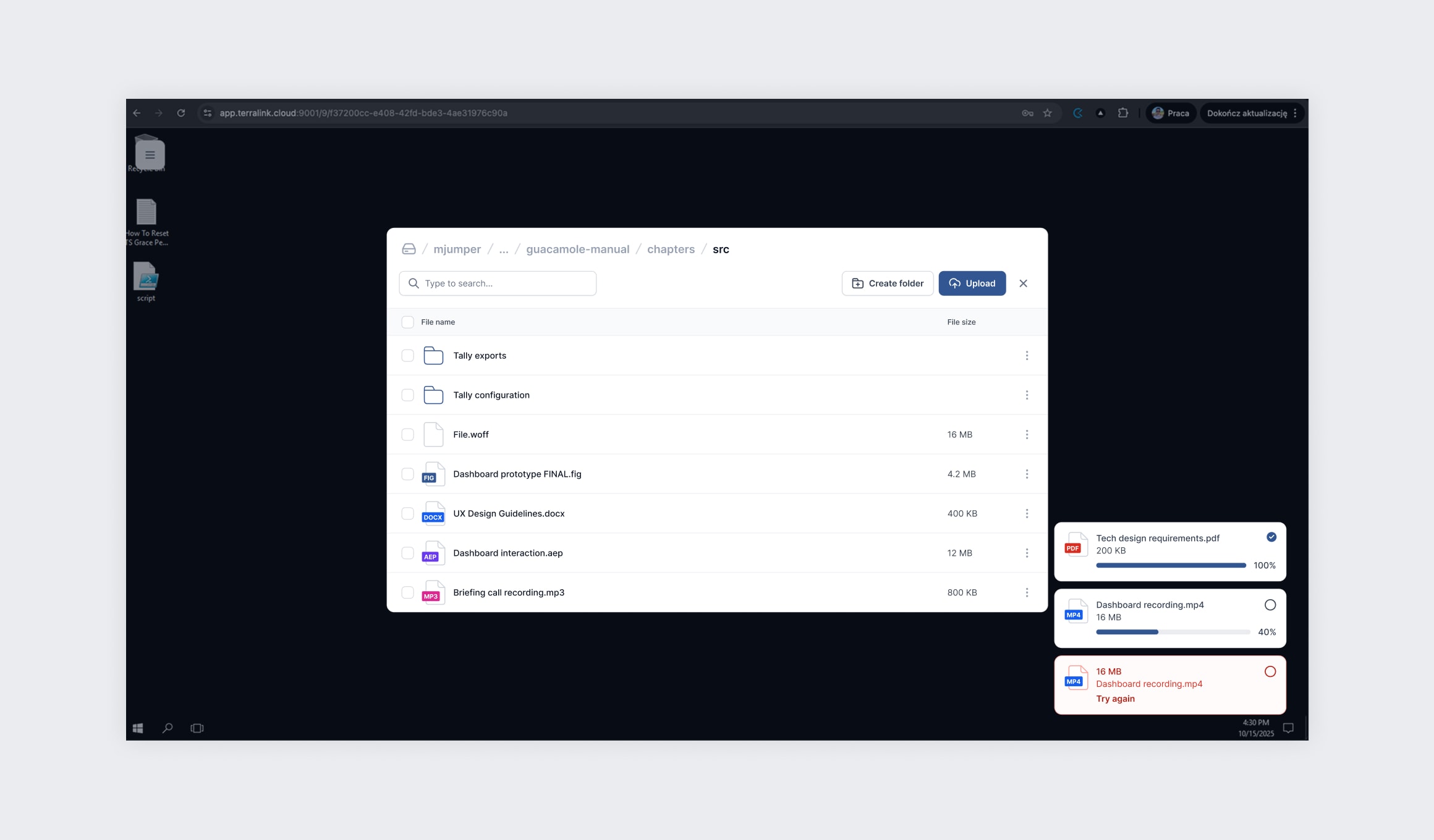 Terralink - live session with file transfer sidebar
