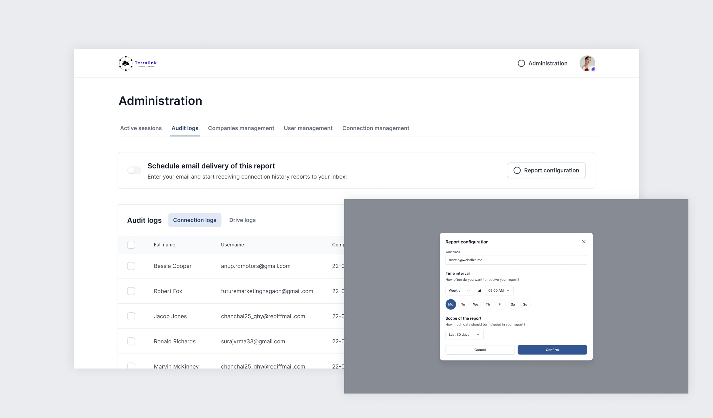 Terralink - session management and connection history