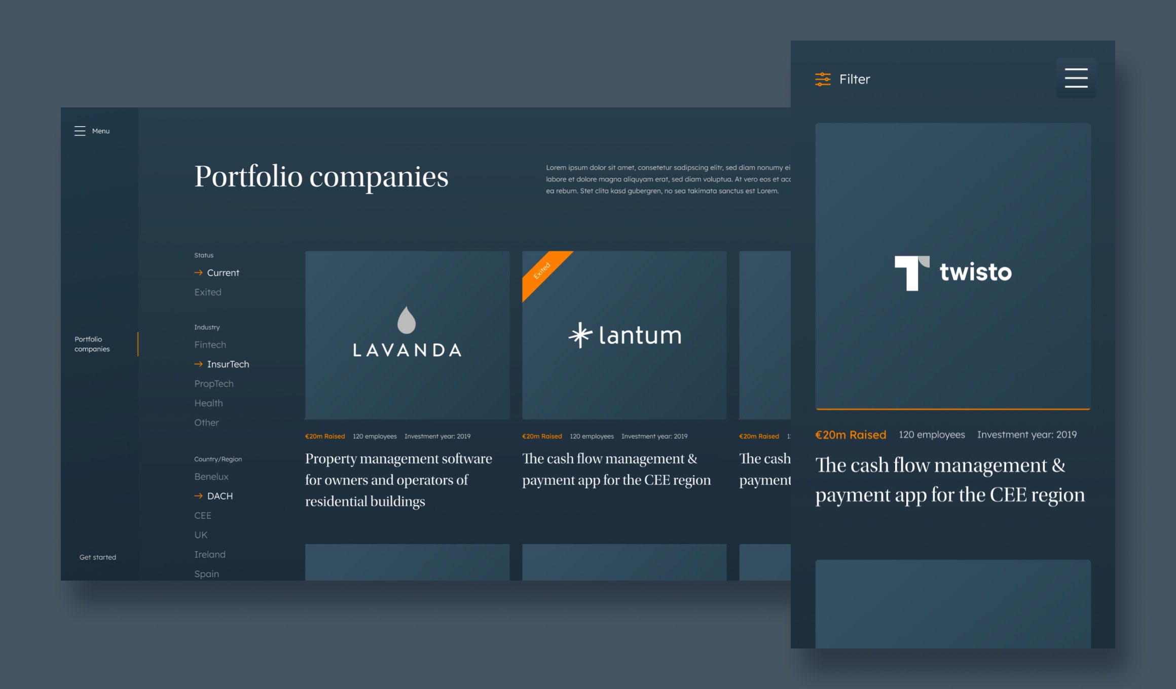 Finch Capital - portfolio page with filters and company entry