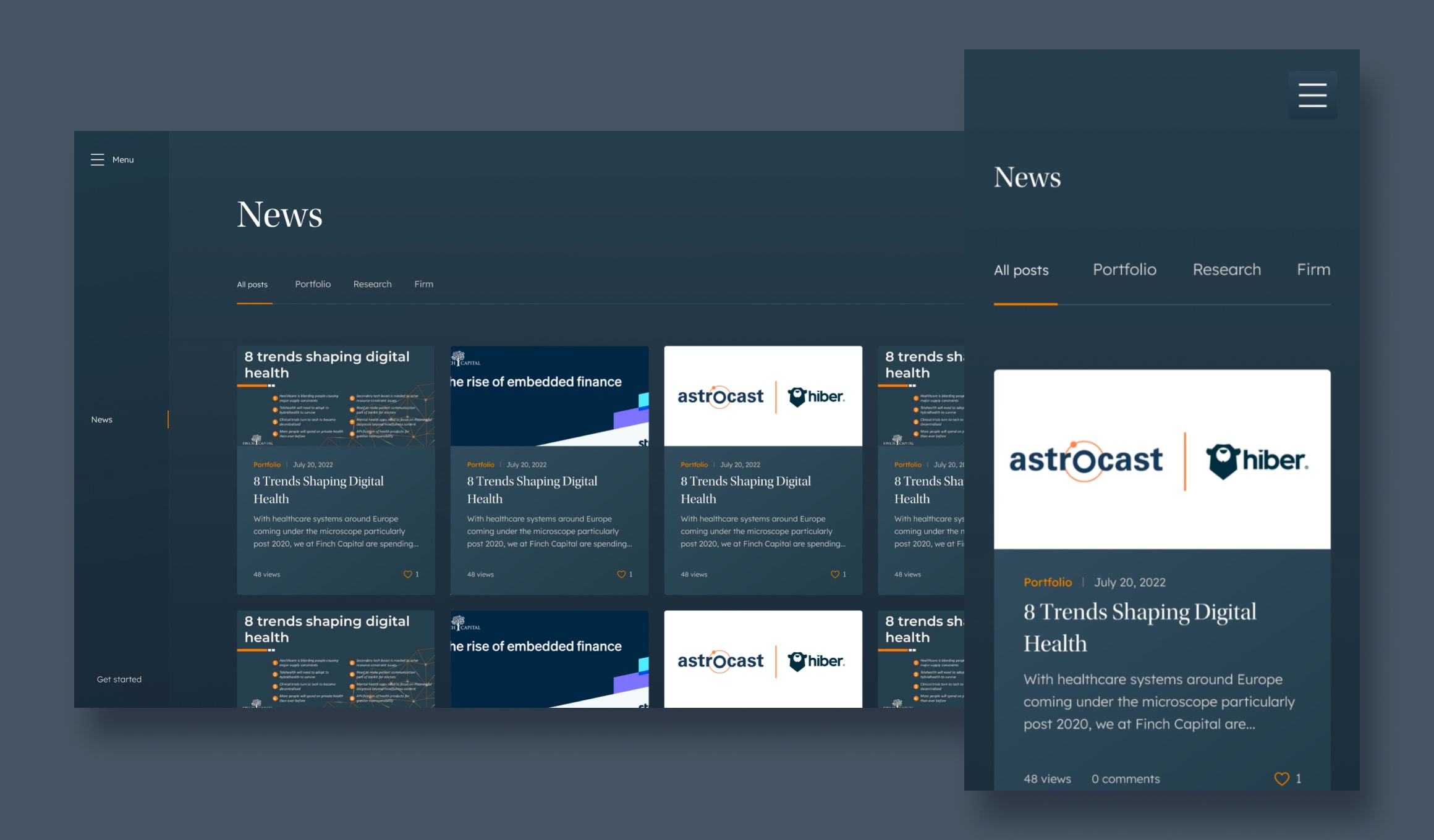 Finch Capital - news listing with category filters