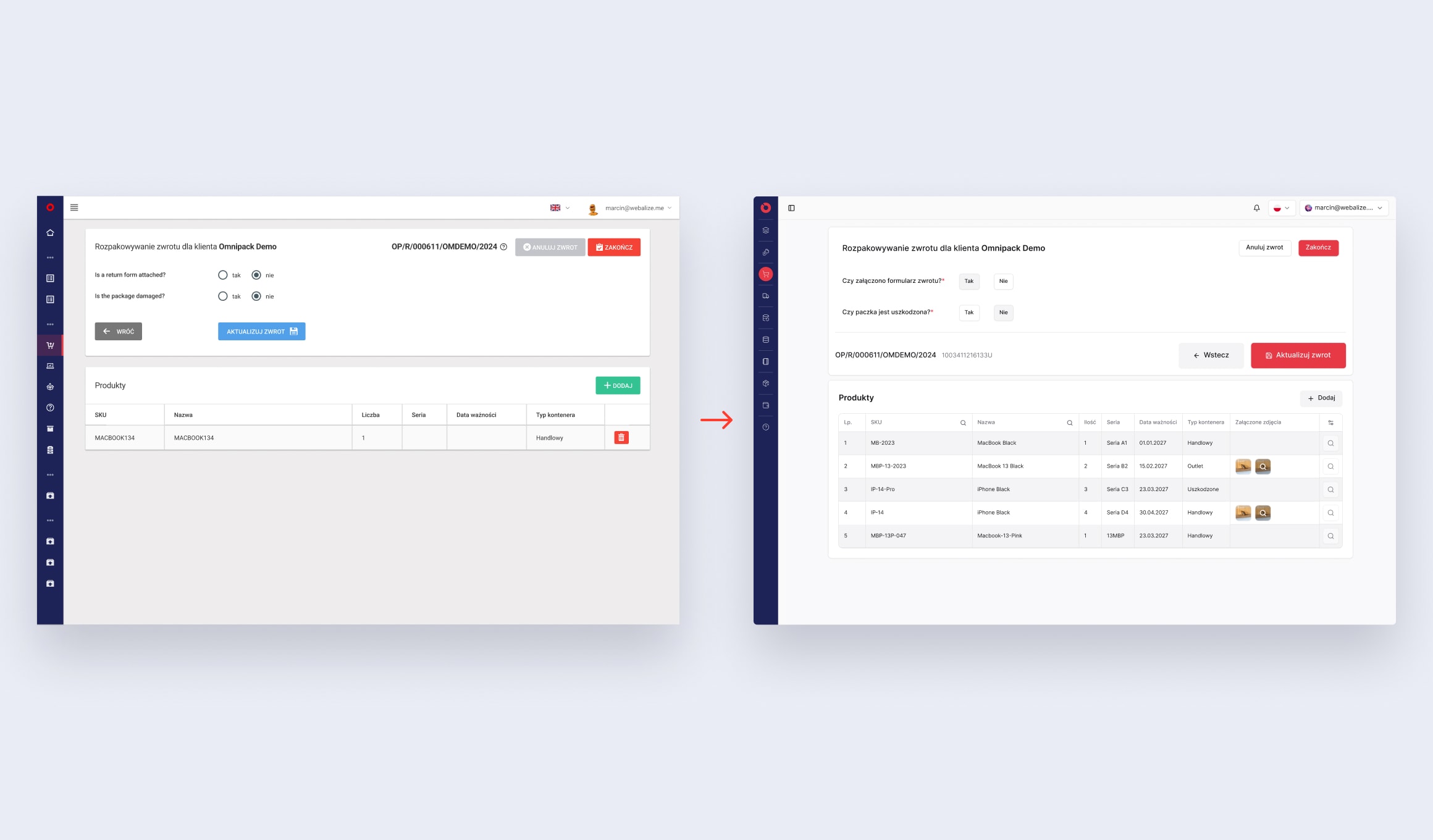 Omnipack Merchant Portal - before and after of a returns unpacking screen