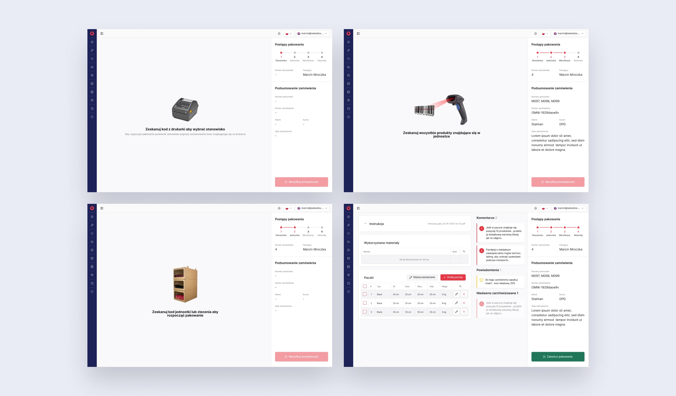 Omnipack Merchant Portal - Backoffice packing workflow across four stages