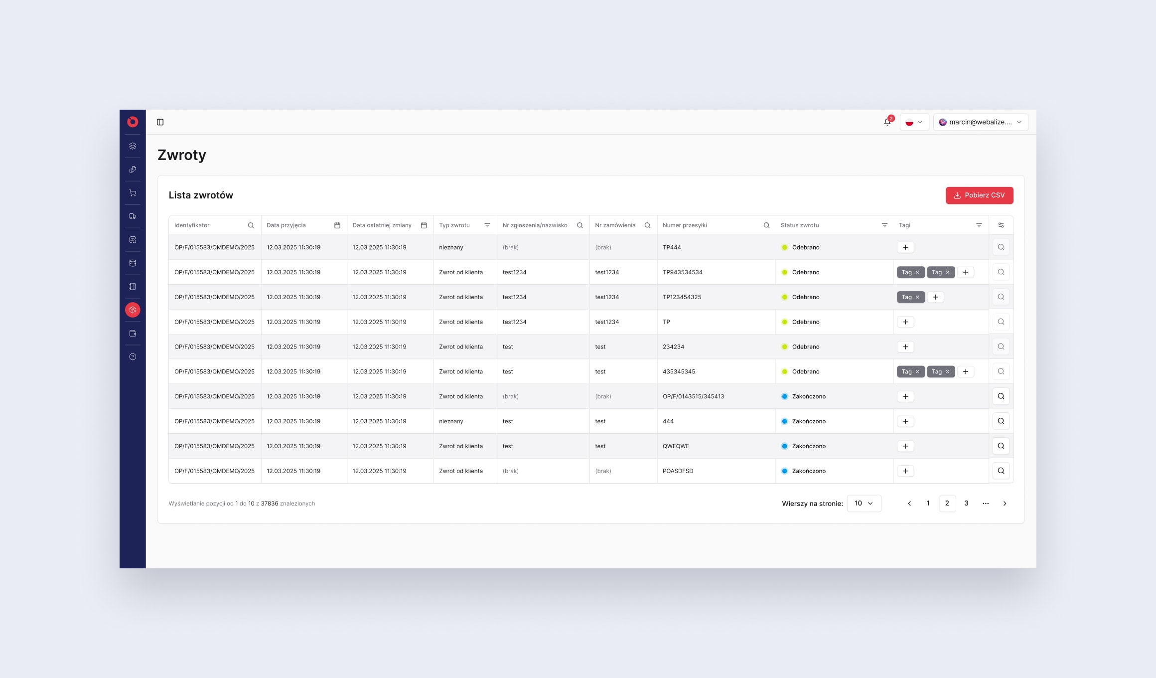Omnipack Merchant Portal - returns list in the modernised Backoffice