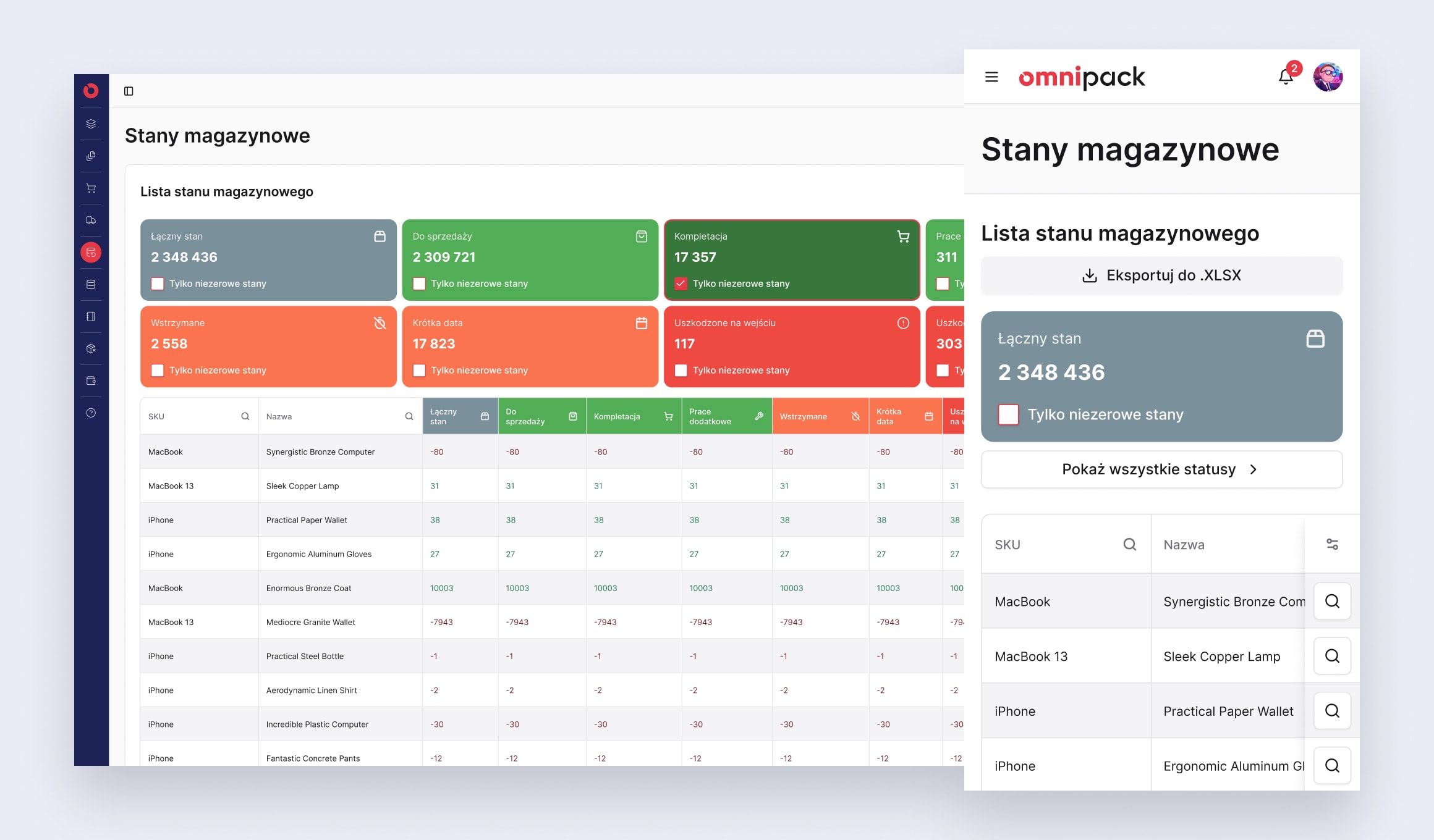 Omnipack Merchant Portal - stock levels in the Client Portal on desktop and mobile
