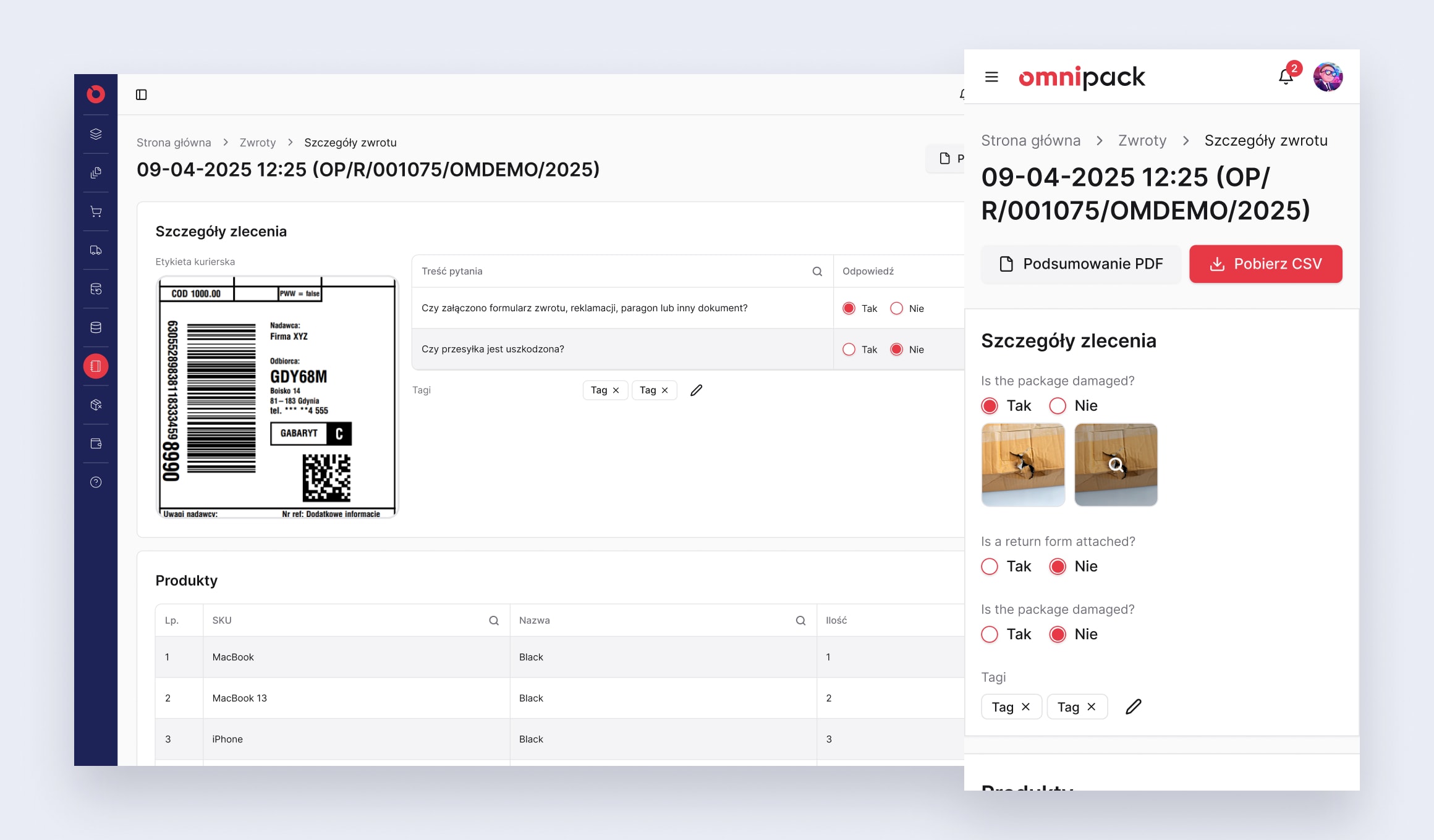Omnipack Merchant Portal - return details on desktop and mobile