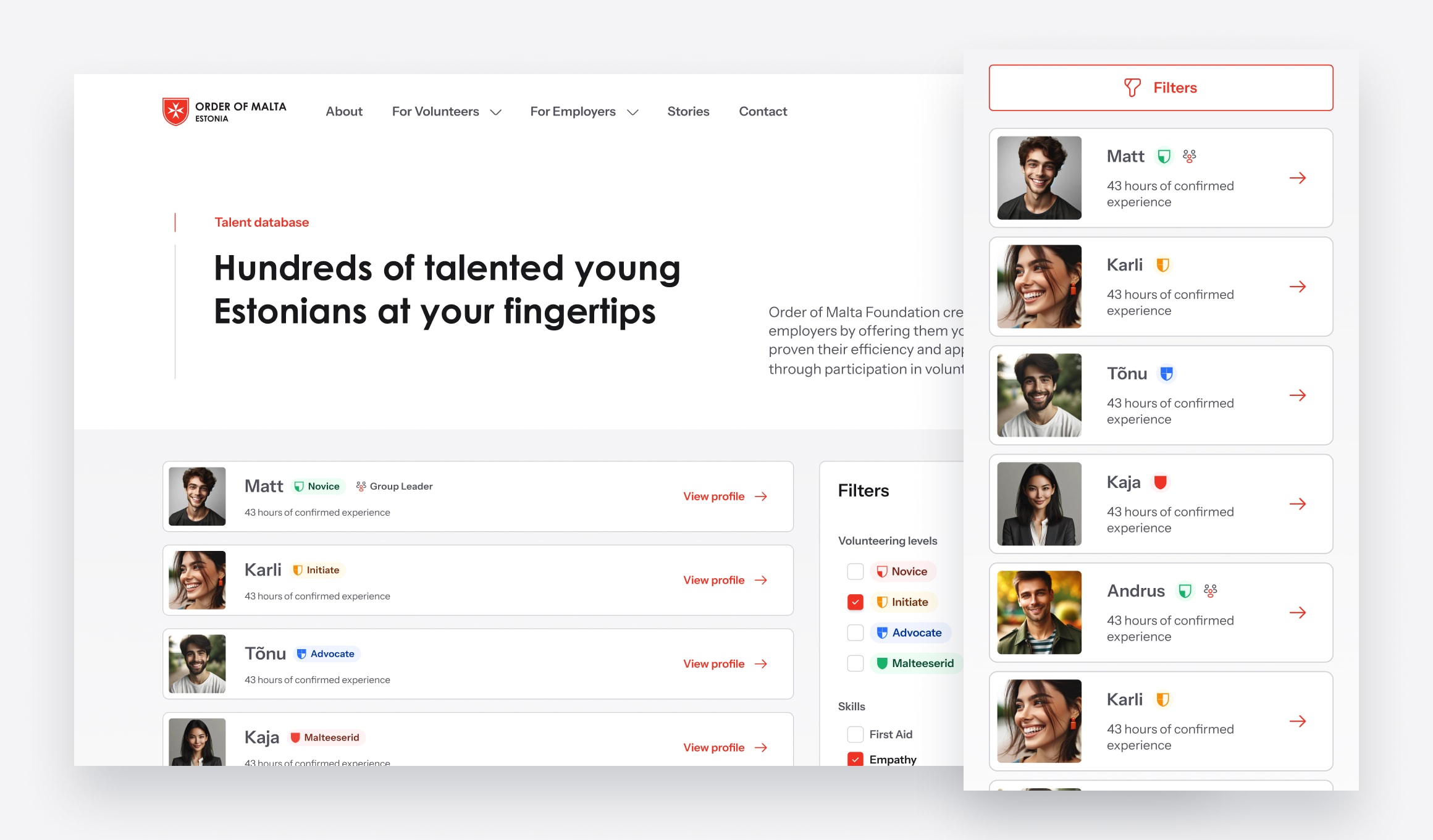 Order of Malta Estonia - talent database with volunteering level filters
