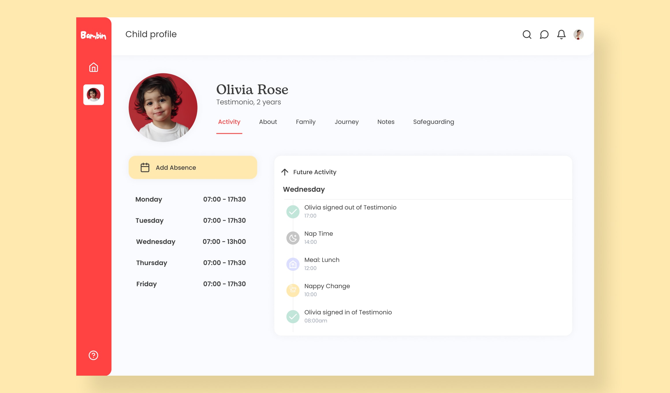 Bambin - child profile with activity timeline and care schedule