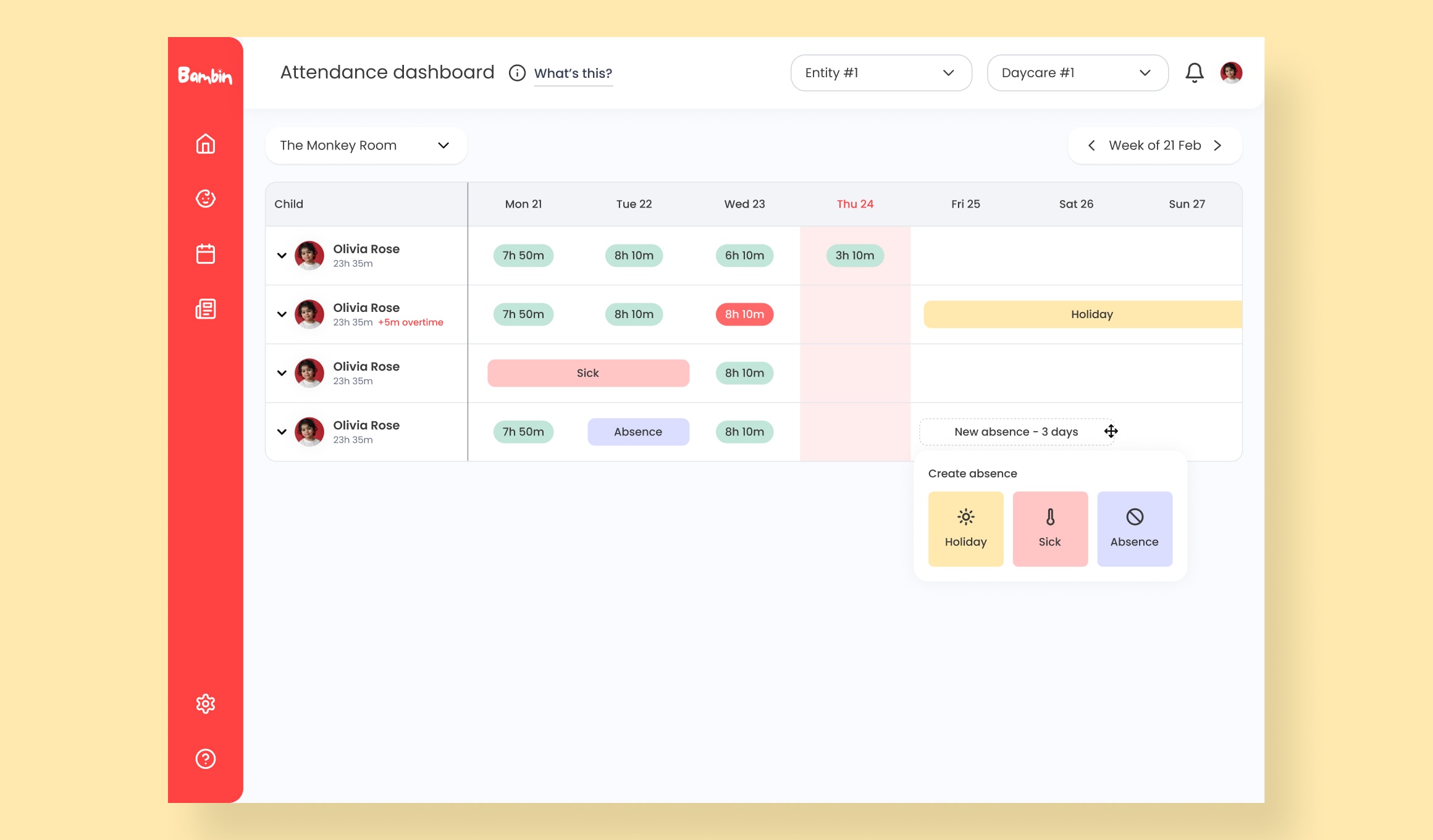Bambin - weekly attendance dashboard per room