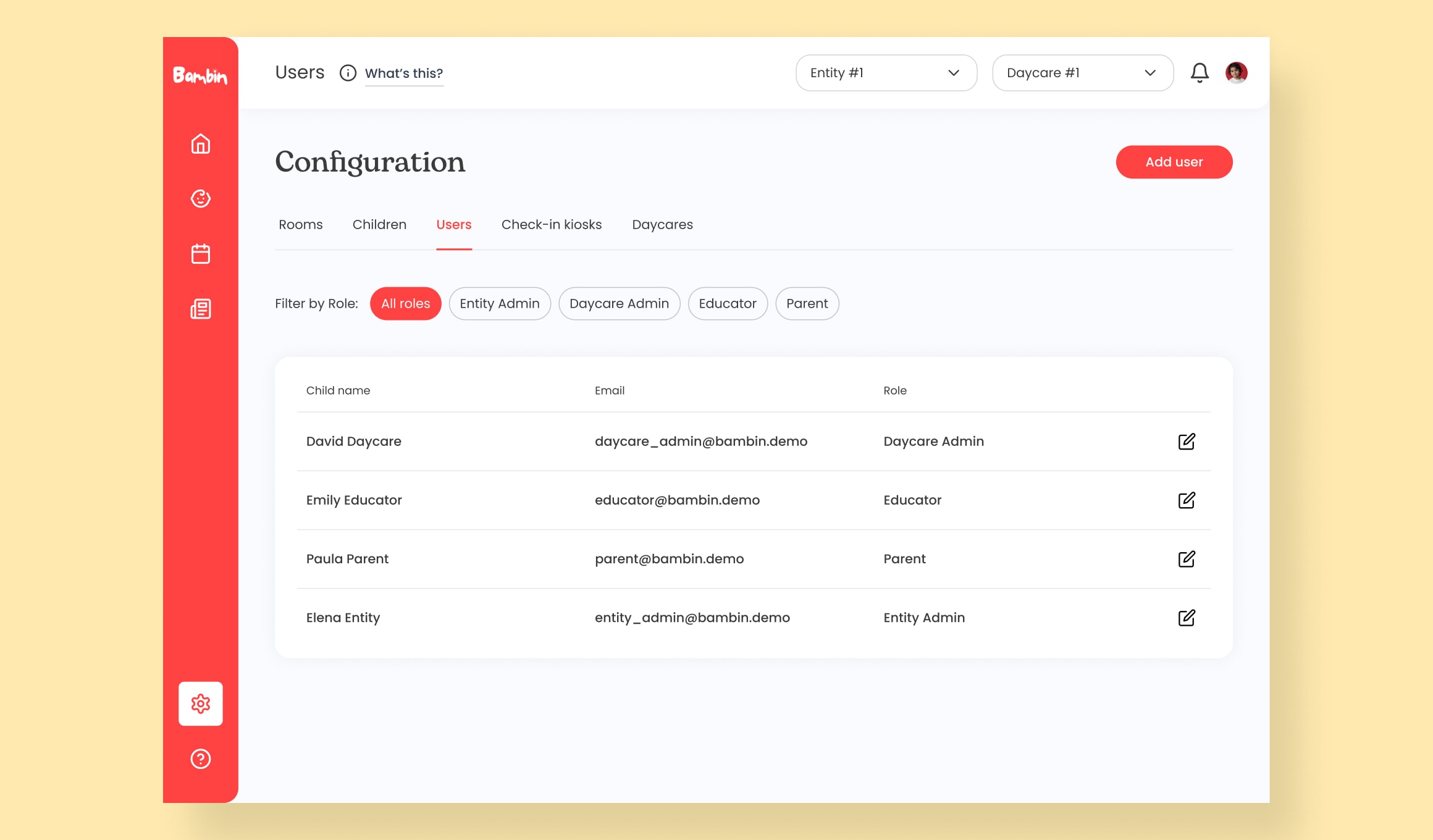 Bambin - configuration panel with users and role filters