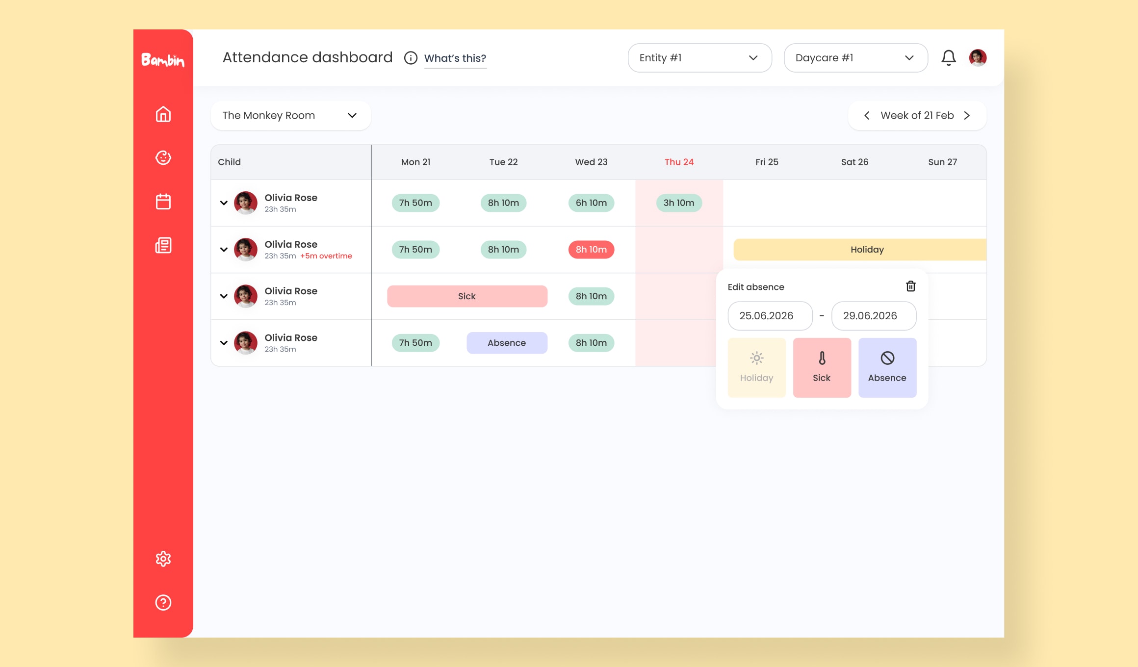 Bambin - attendance dashboard with absence editing