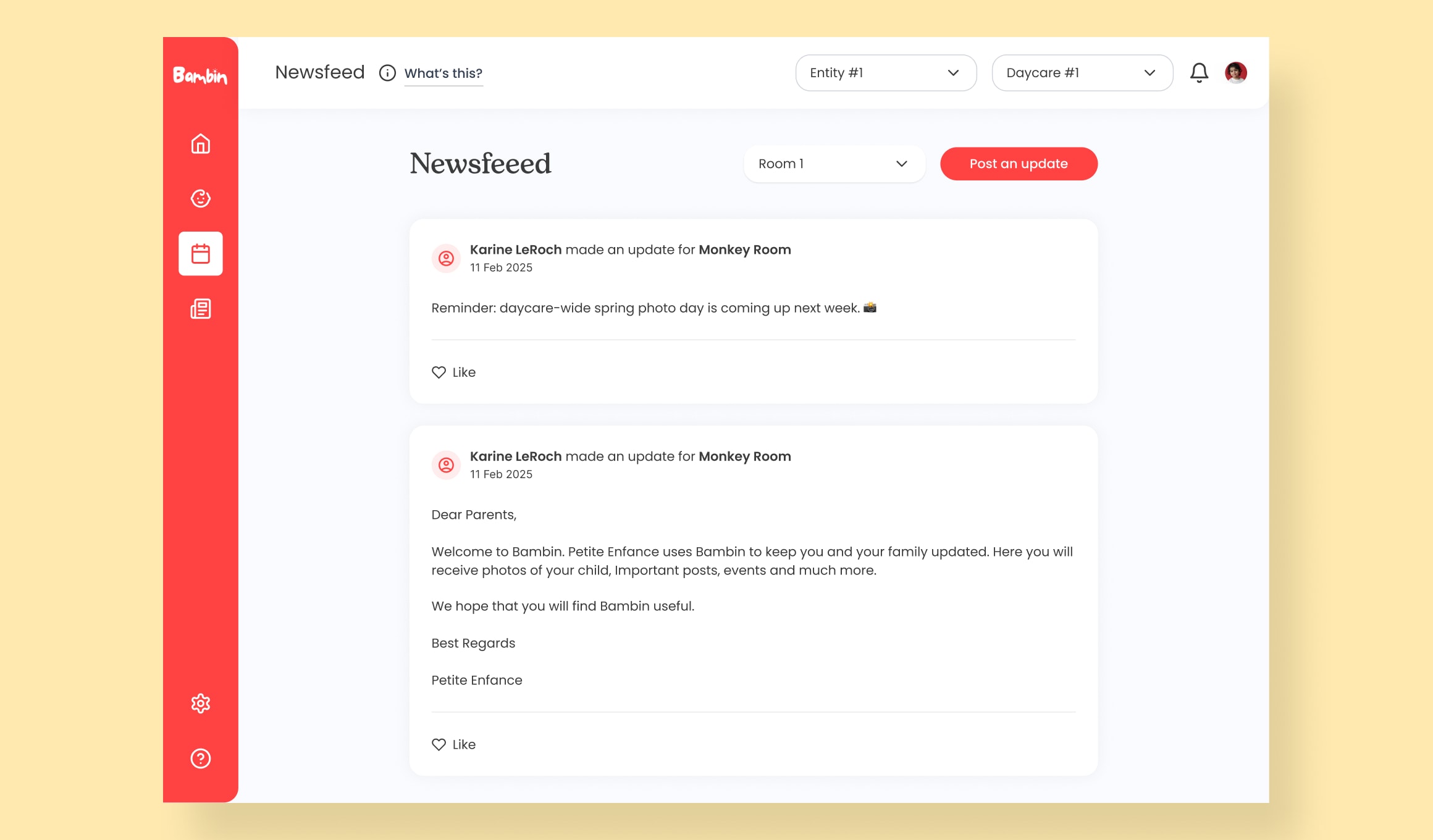 Bambin - newsfeed with room updates for parents