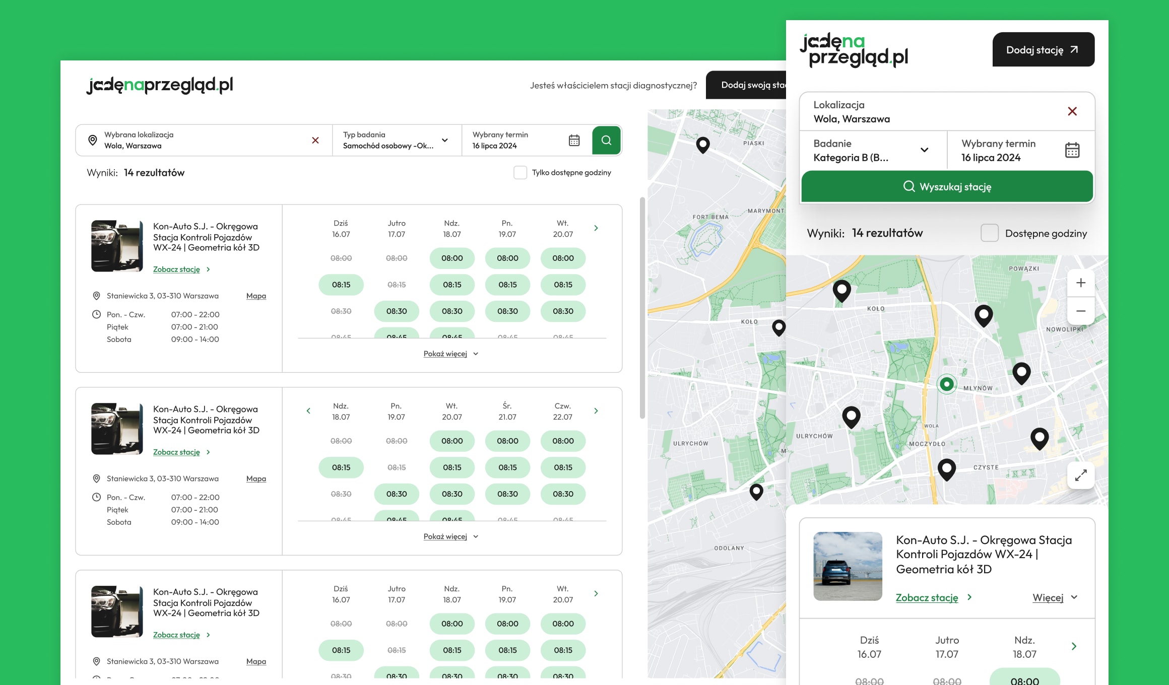 Jadę na przegląd - results page with map and station list