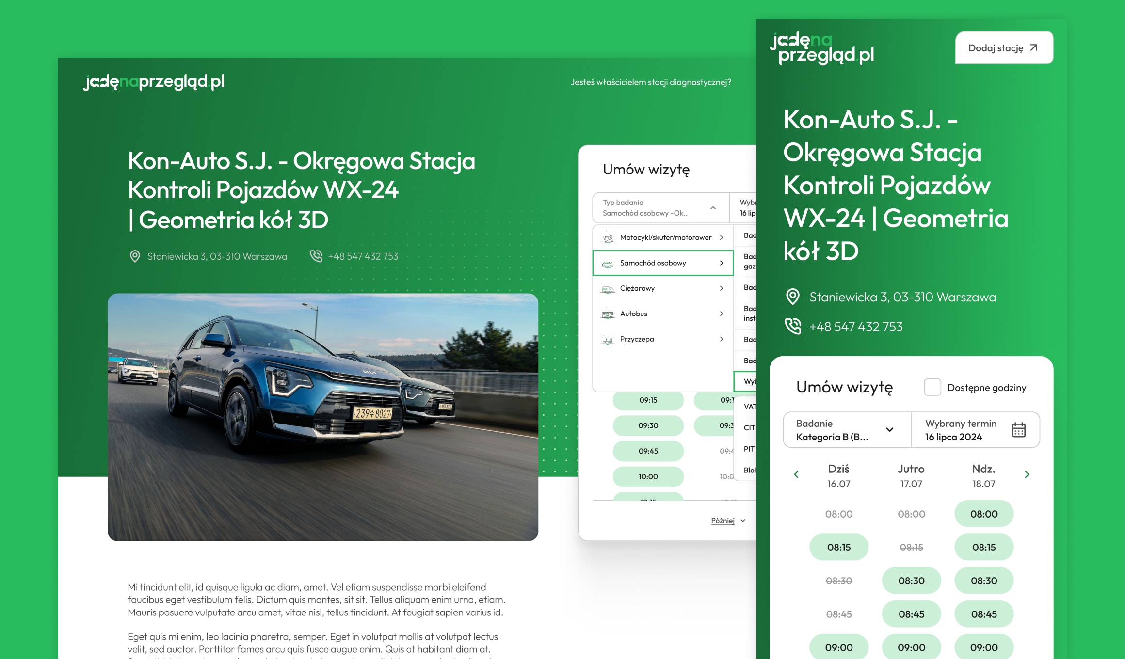 Jadę na przegląd - station profile with availability timeline and booking modal