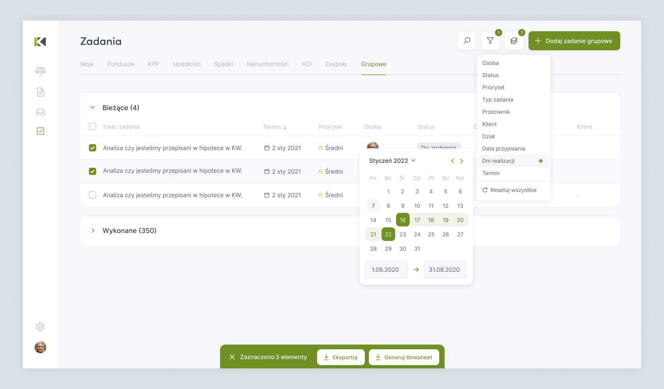 KPPanel - task tab with filters and date picker