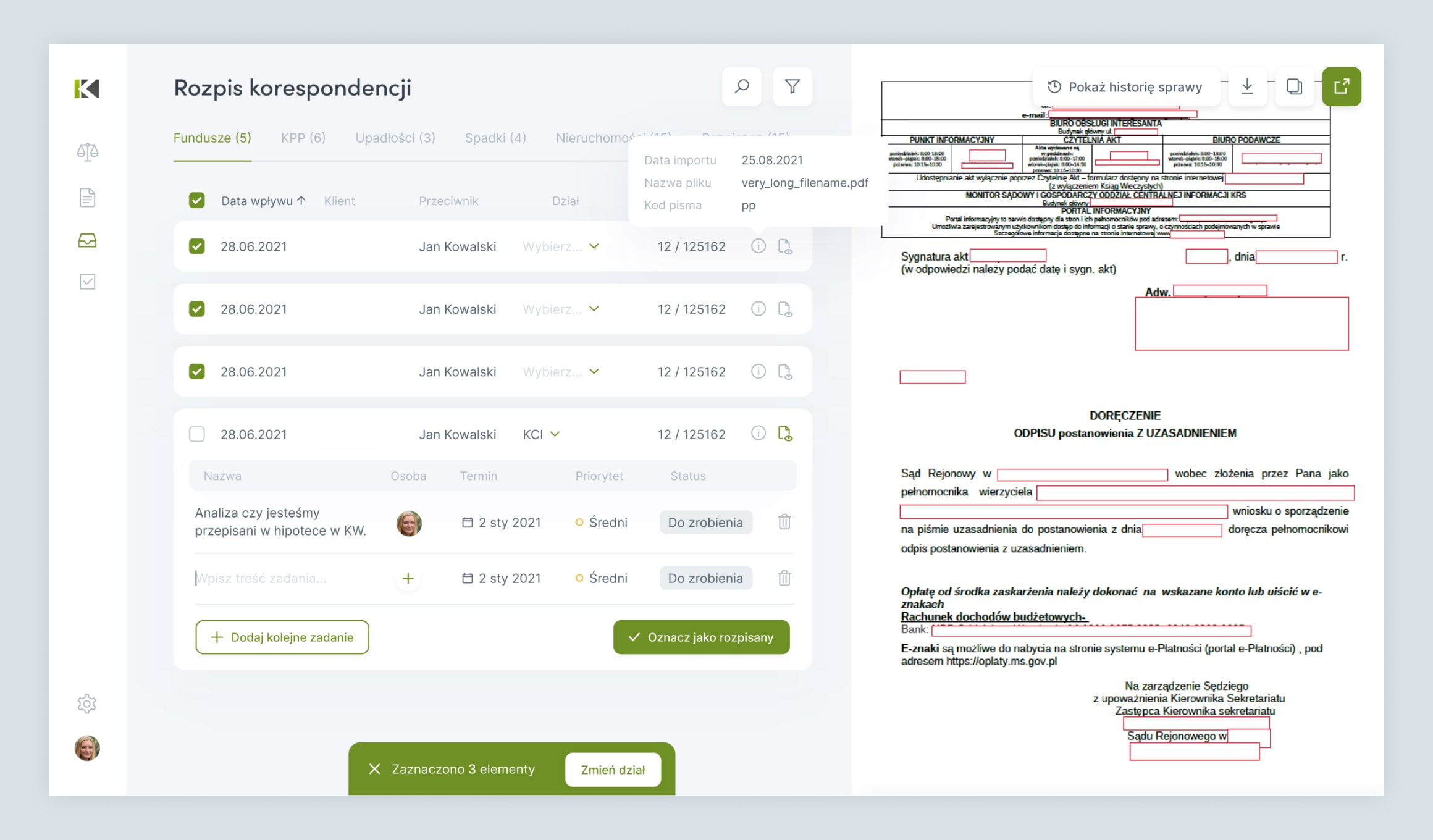 KPPanel - single case view with Overview, Correspondence and Tasks tabs