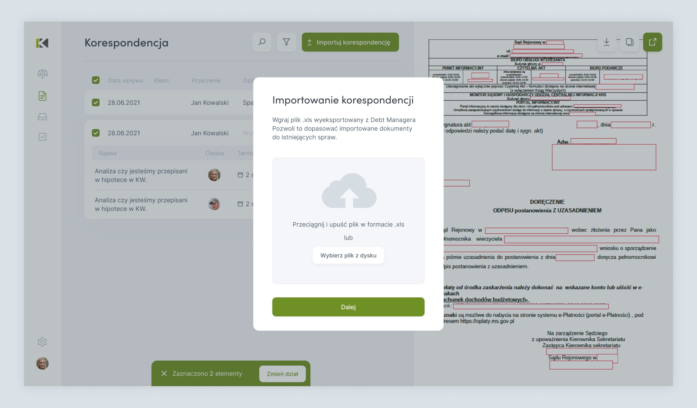 KPPanel - correspondence assignment screen with PDF preview