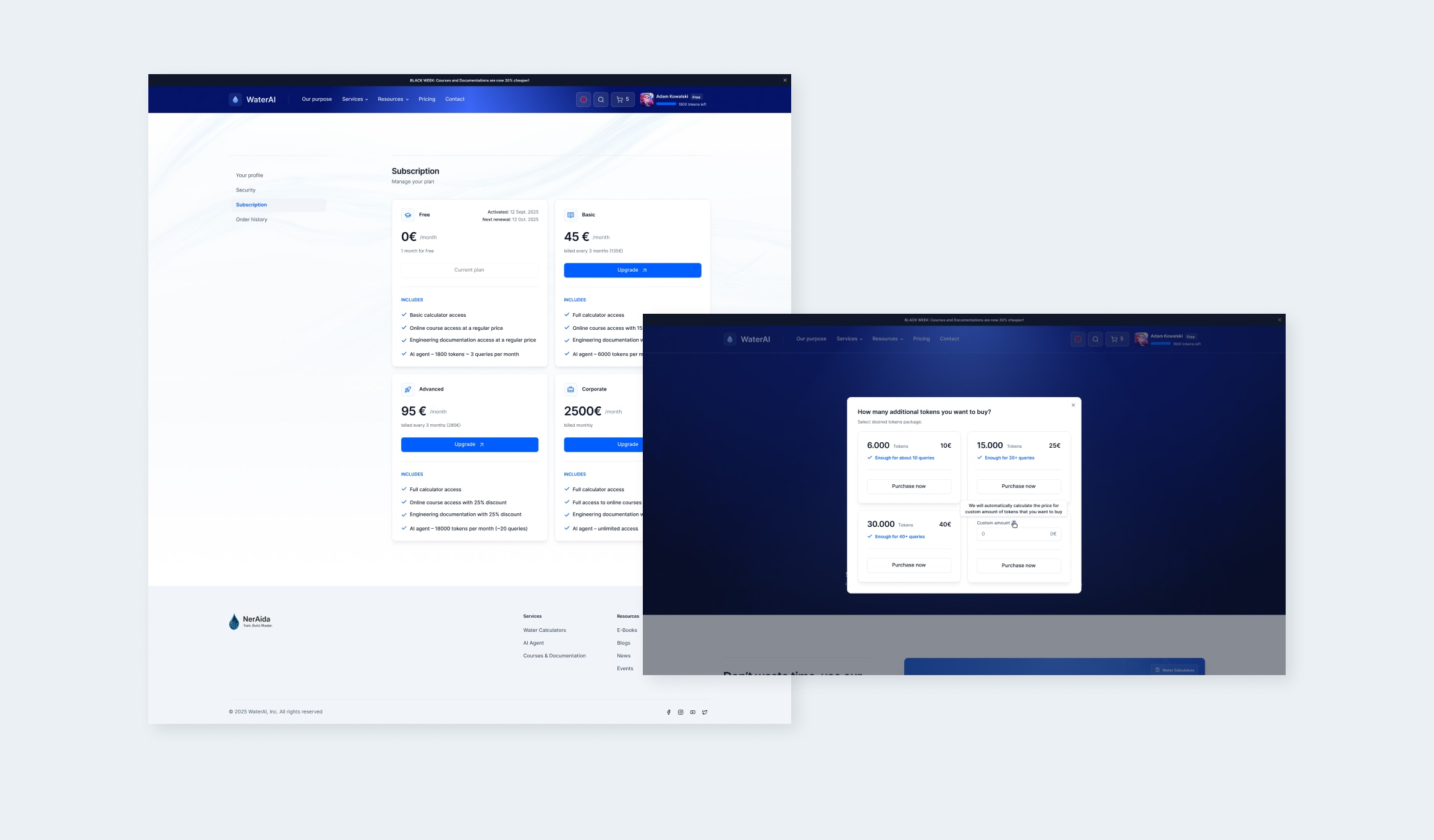 NerAida - subscription plans and AI token top-up modal