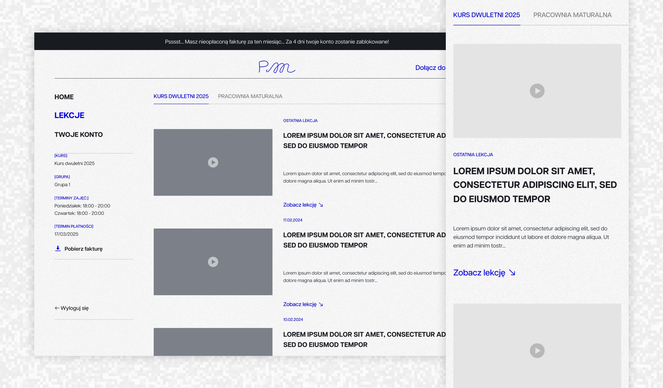 Projekt Matematyka - lesson view with join-over-Zoom button