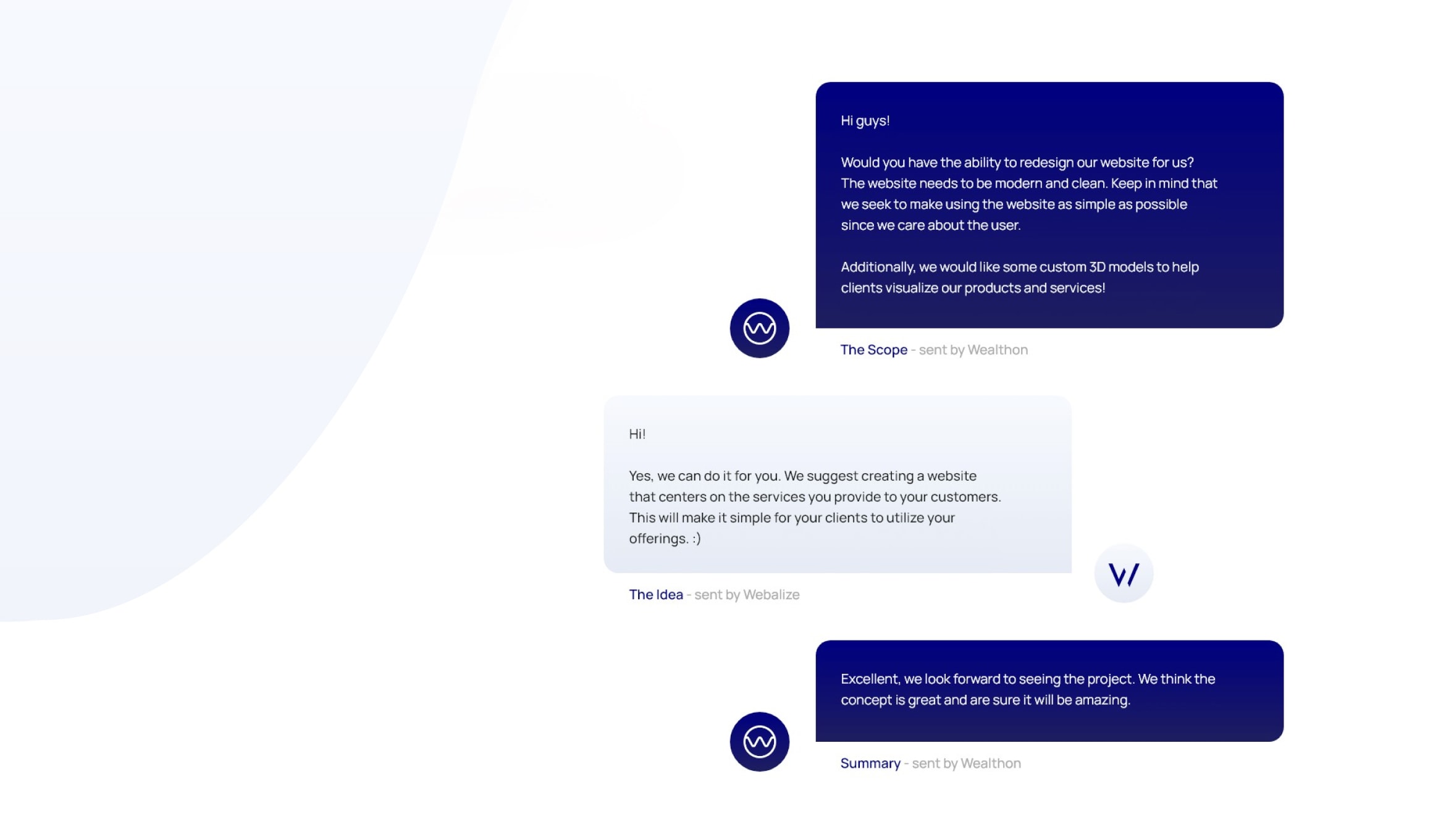 Wealthon - project kickoff conversation about scope and 3D models