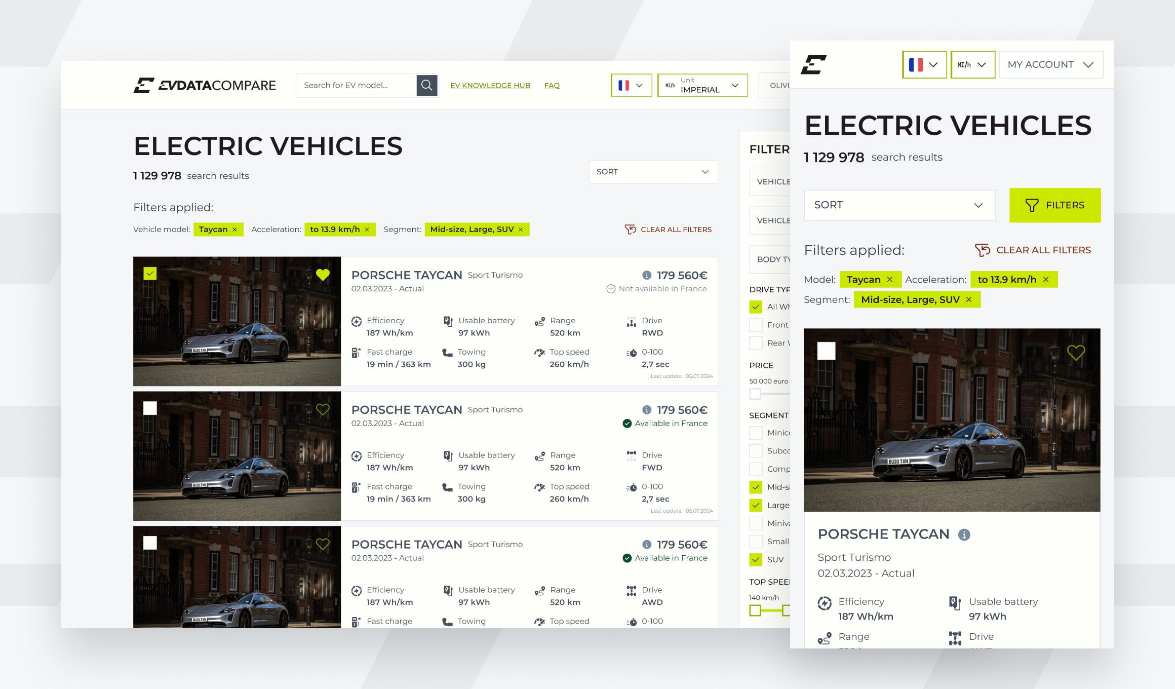 EV Data Compare - Taycan listing with applied filters and spec cards