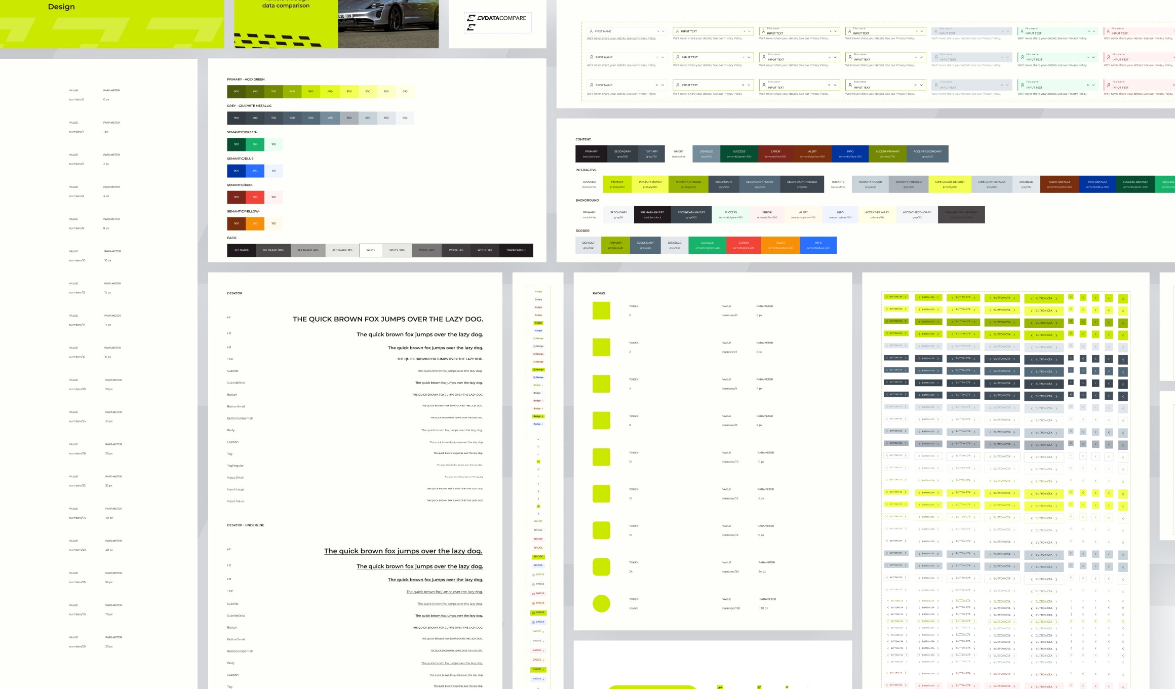 EV Data Compare - design system with acid green palette and components