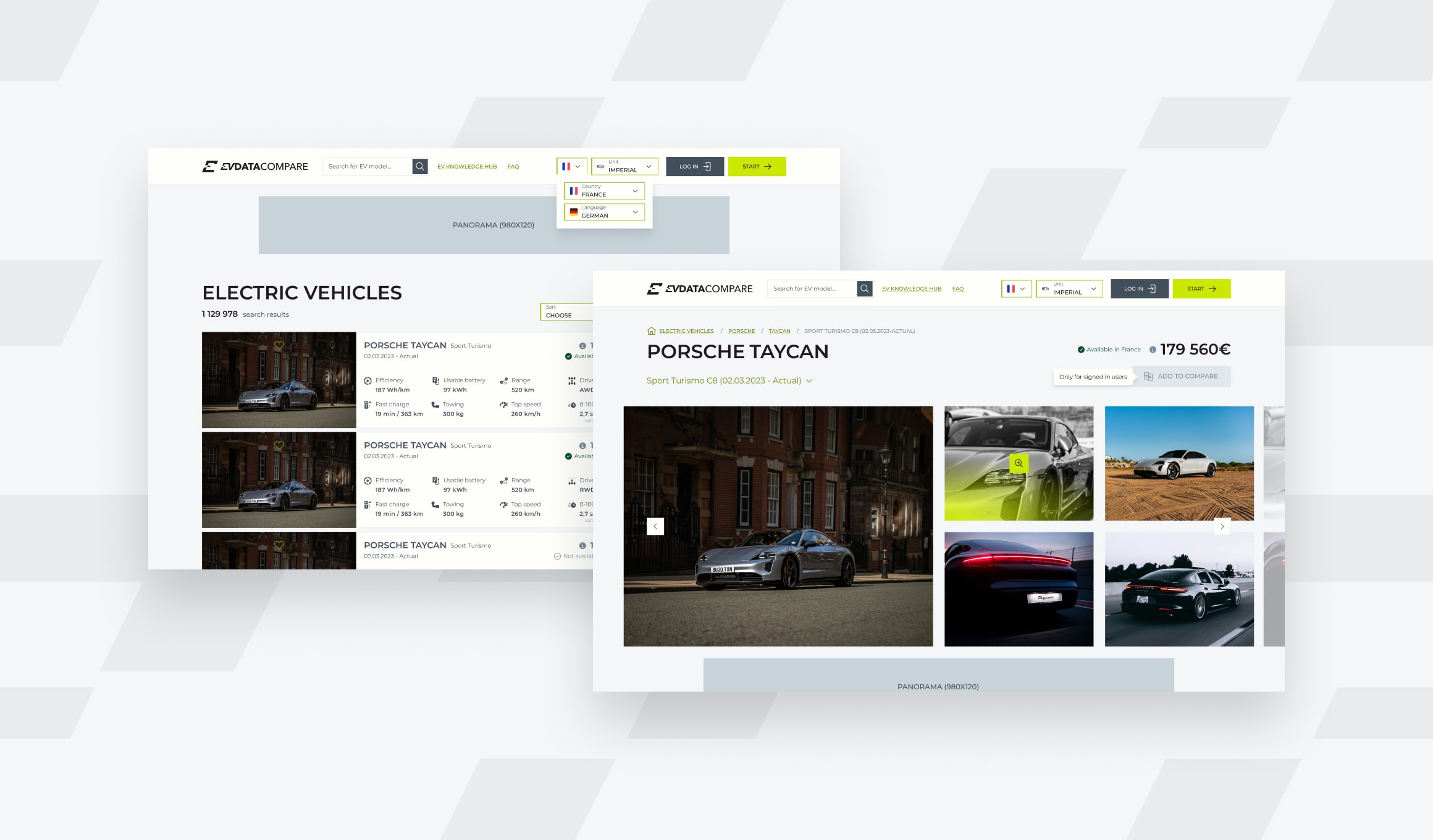 EV Data Compare - listing and vehicle detail mockups