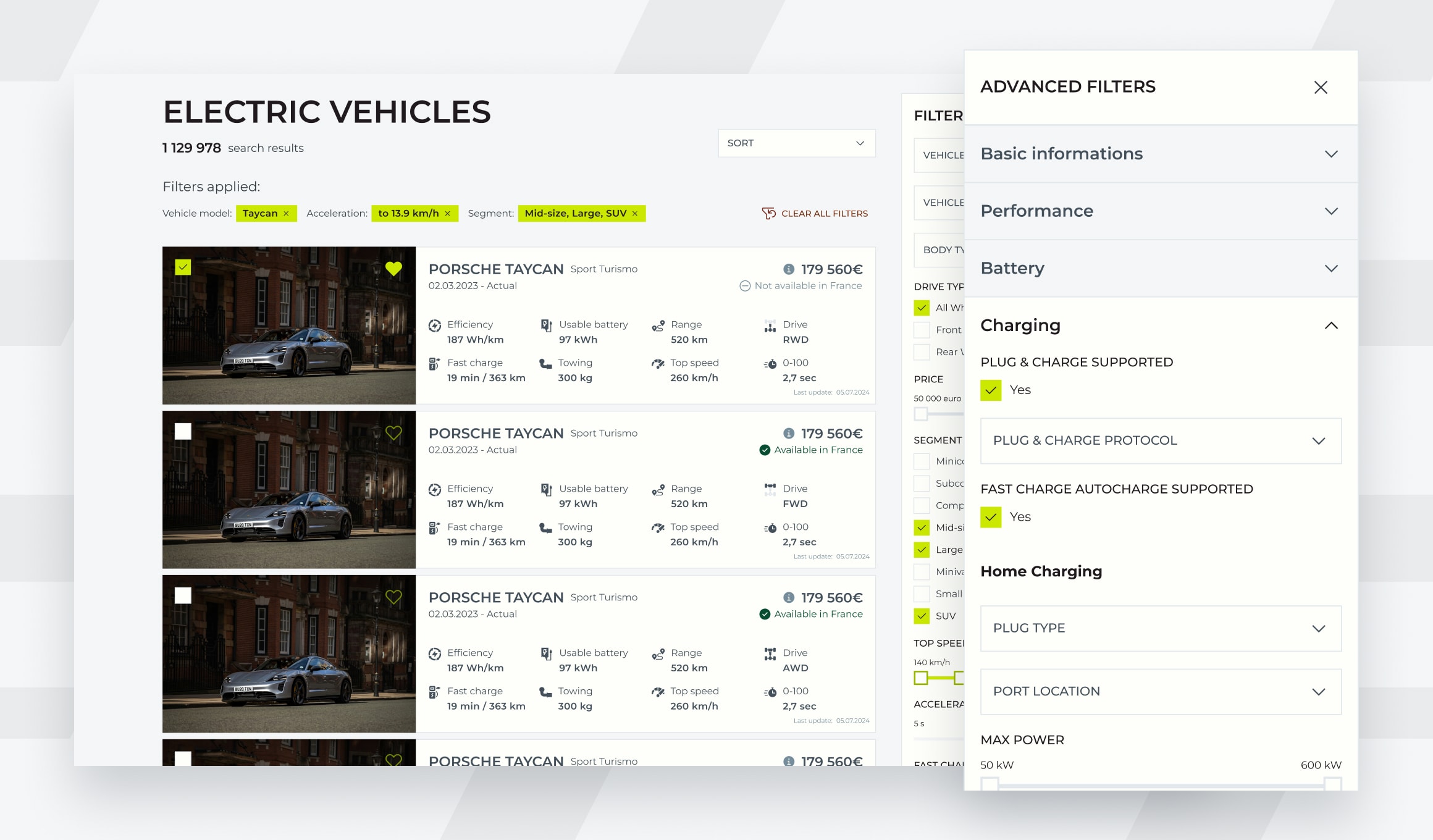 EV Data Compare - vehicle listing with advanced filters open