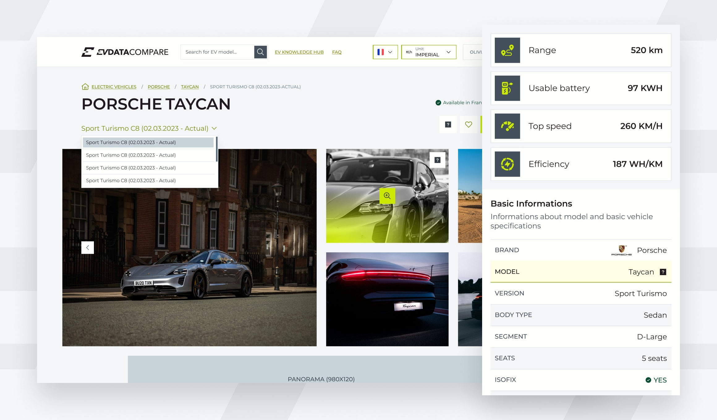 EV Data Compare - vehicle page with version selector and photo gallery