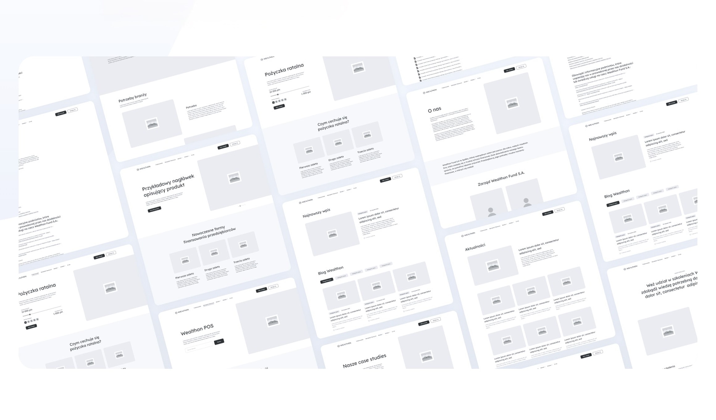 Wealthon - wireframe layouts across product and content pages