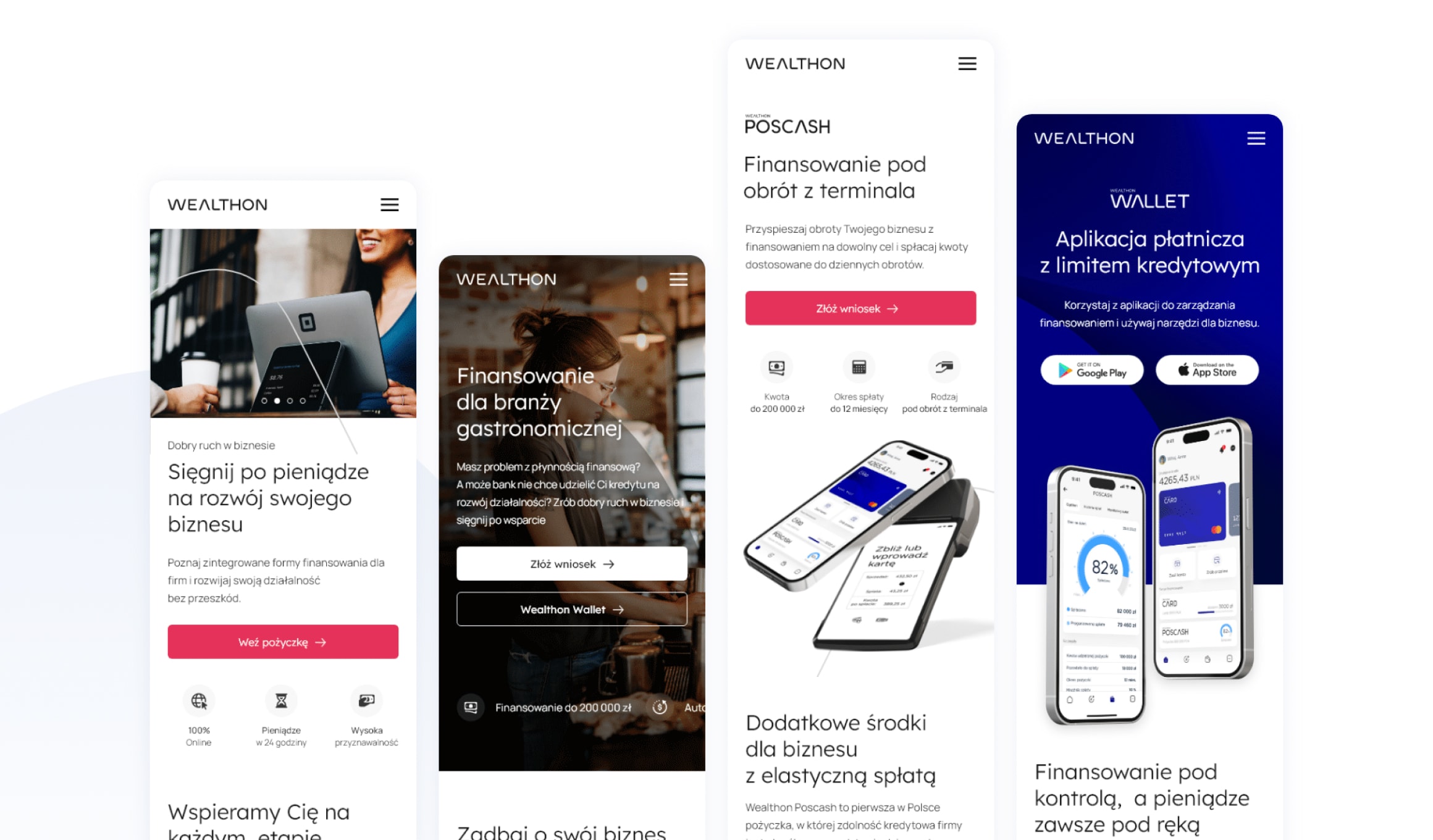Wealthon - product pages for financing, POSCASH and Wallet
